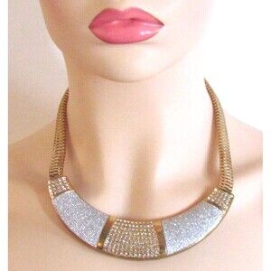 DESIGNER GOLD SILVER CRYSTAL RHIENSTONES DETAIL GOLD CHAIN STATEMENT NECKLACE